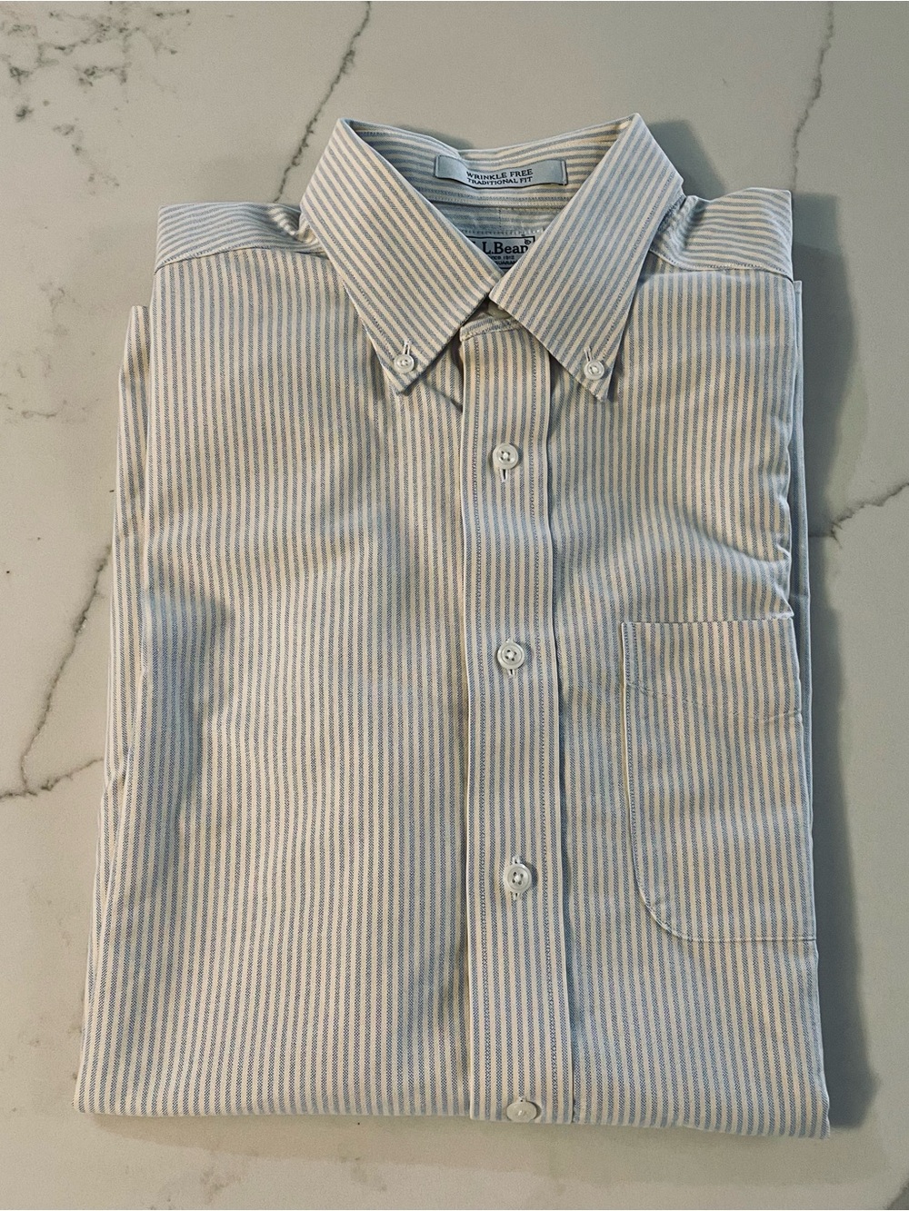 L.L. Bean Men's Light Blue and Yellow Striped Button-Down Shirt